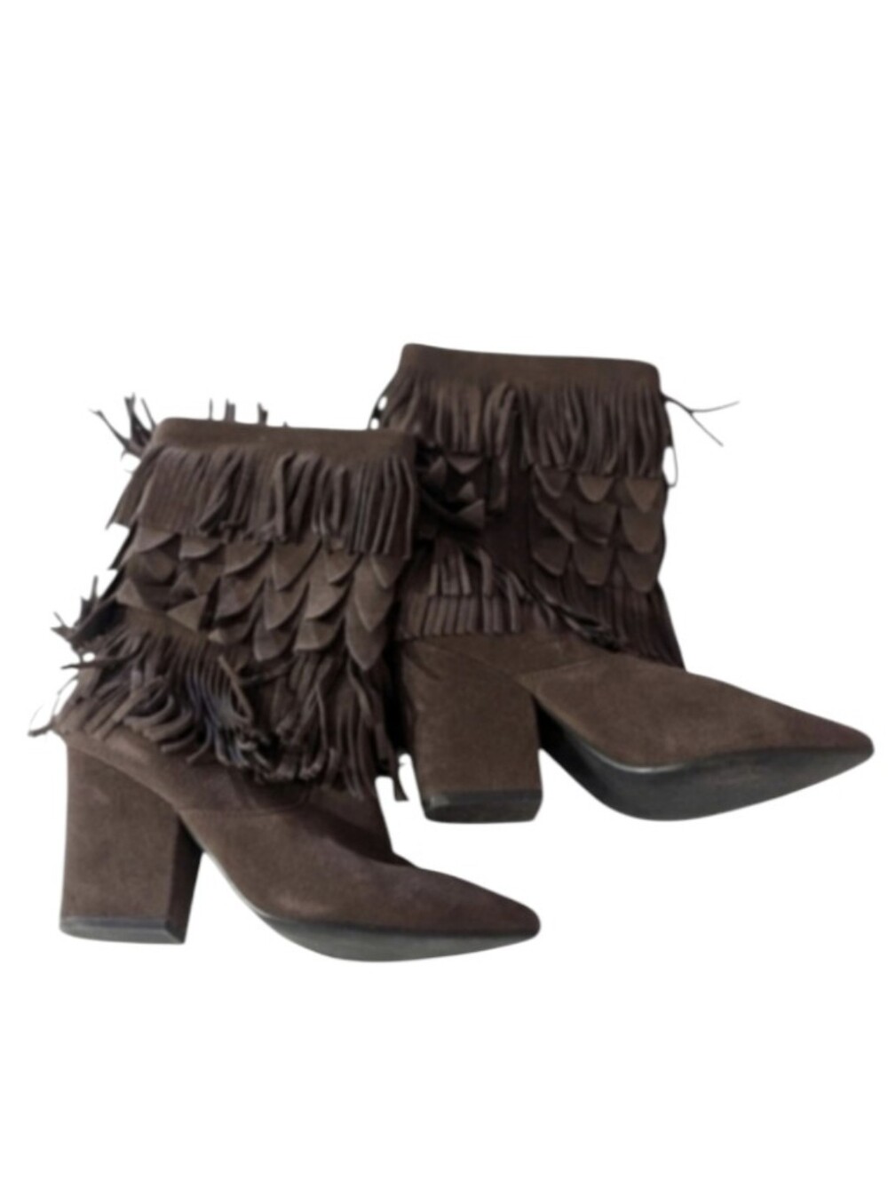 Dolce By Mojo Moxy Chocolate Suede Fringe Heeled Boots Boho Chic 8.5
